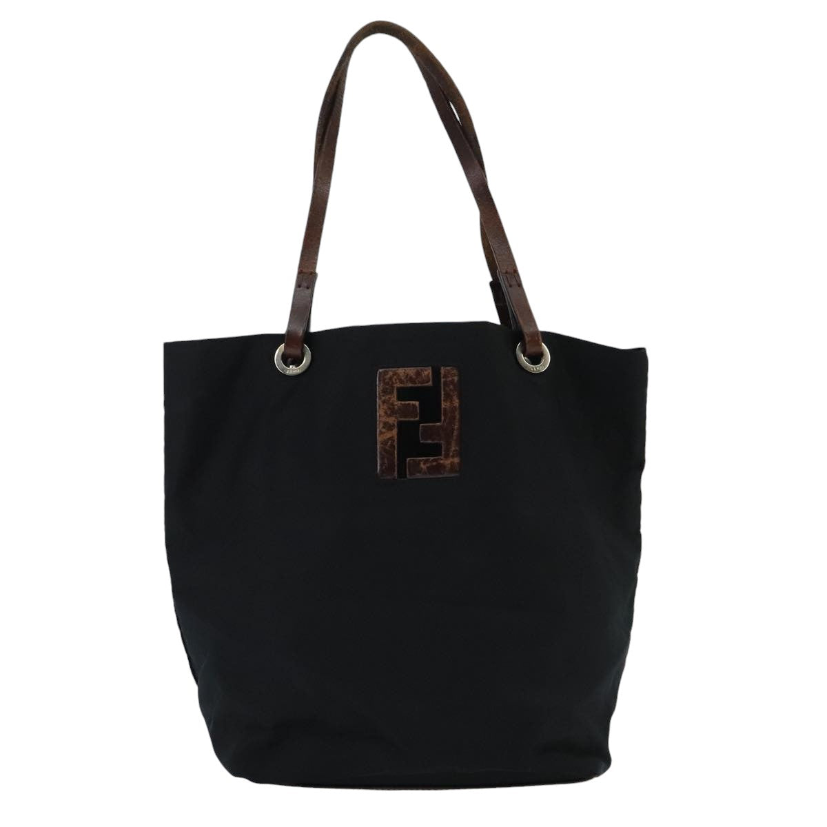 FENDI Hand Bag Nylon Leather Black Brown Silver ti2337