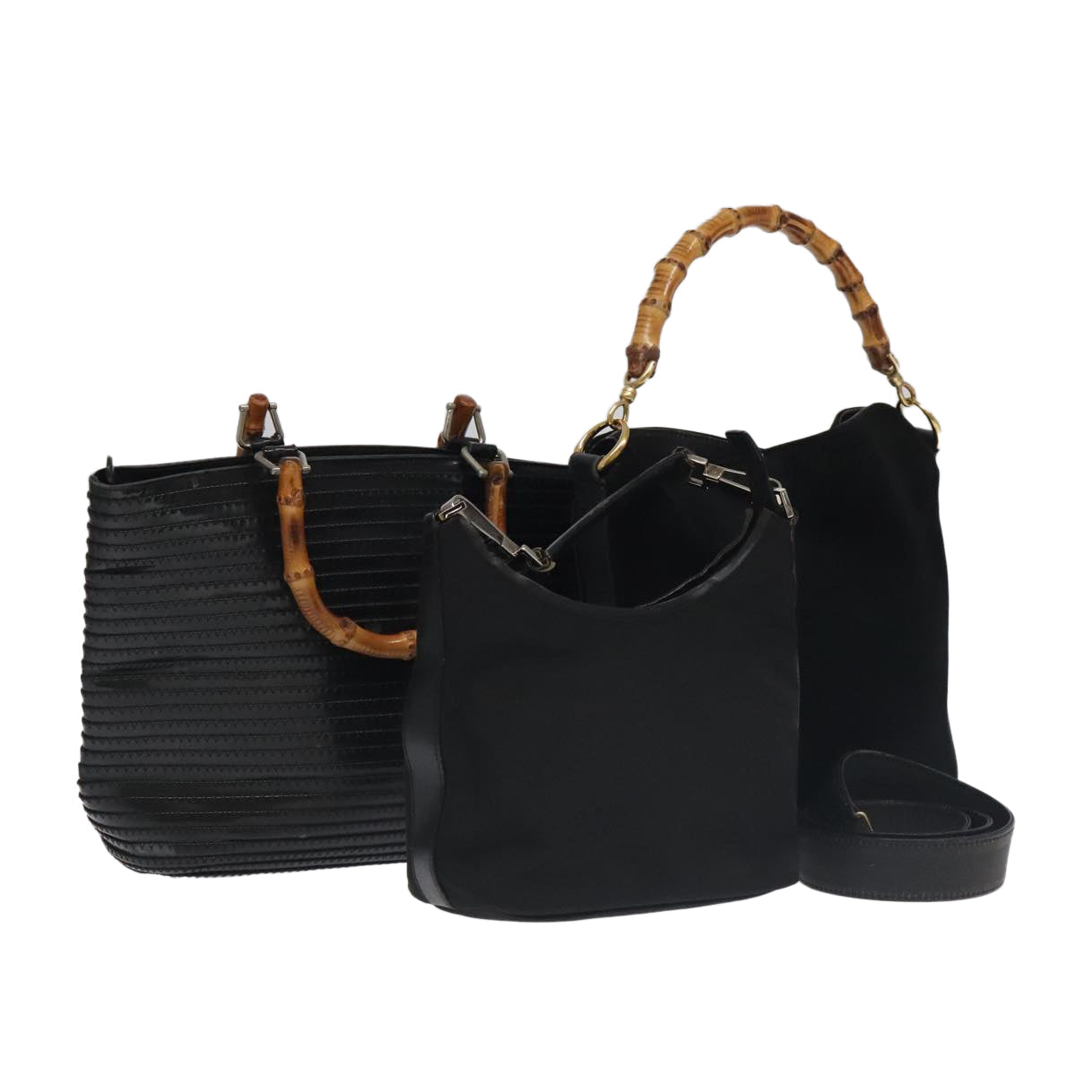 GUCCI Bamboo Shoulder Bag Nylon Suede 3Set Black ti2375