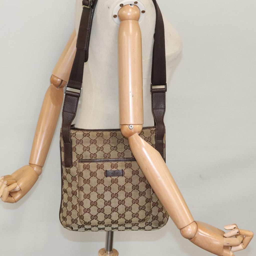 GUCCI GG Canvas Shoulder Bag Beige Dark Brown Silver 122793 ti2385