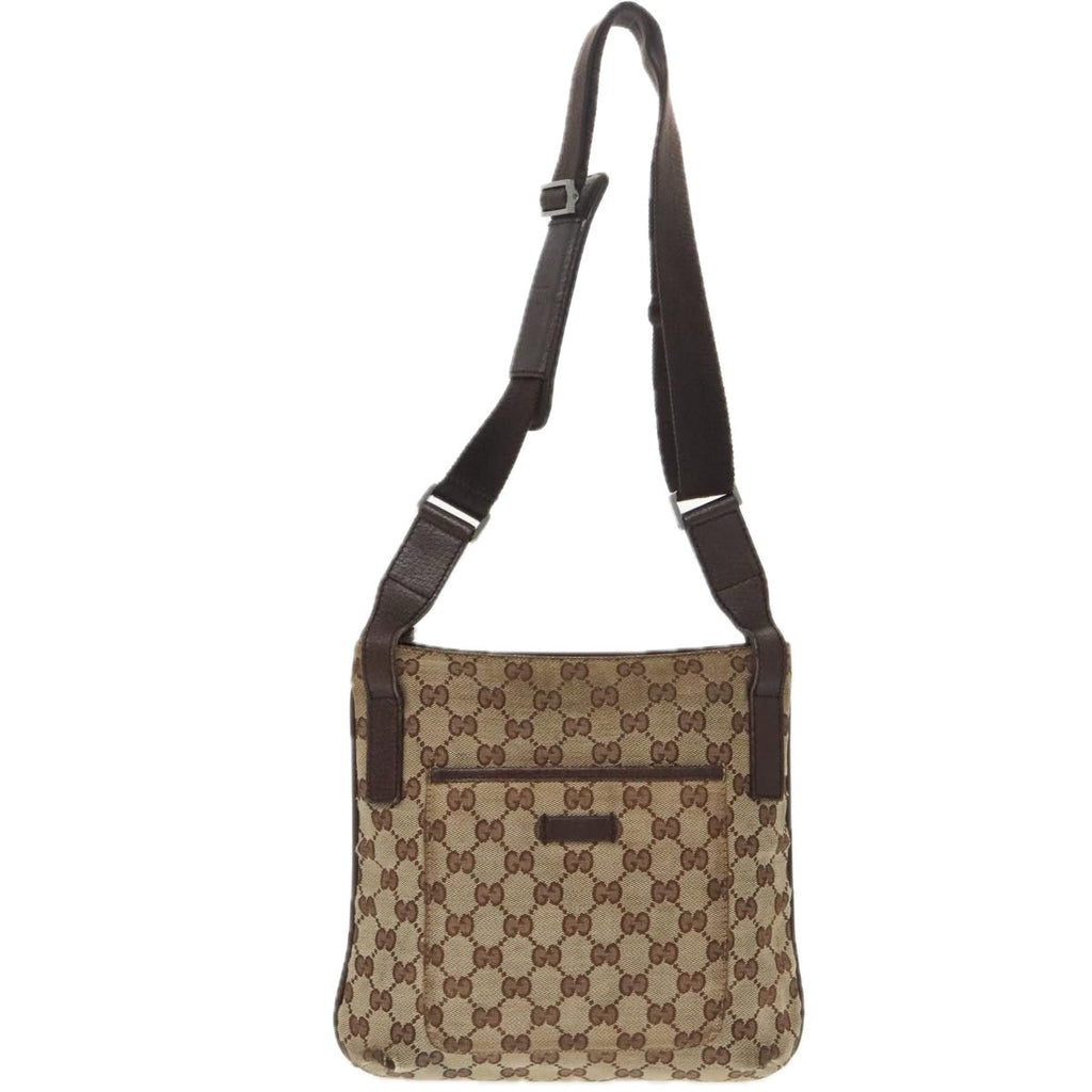 GUCCI GG Canvas Shoulder Bag Beige Dark Brown Silver 122793 ti2385