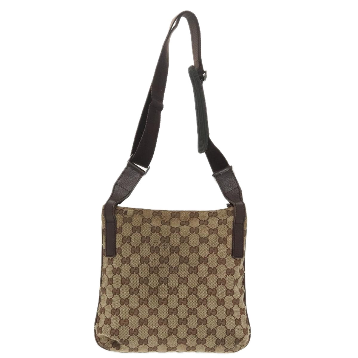 GUCCI GG Canvas Shoulder Bag Beige Dark Brown Silver 122793 ti2385