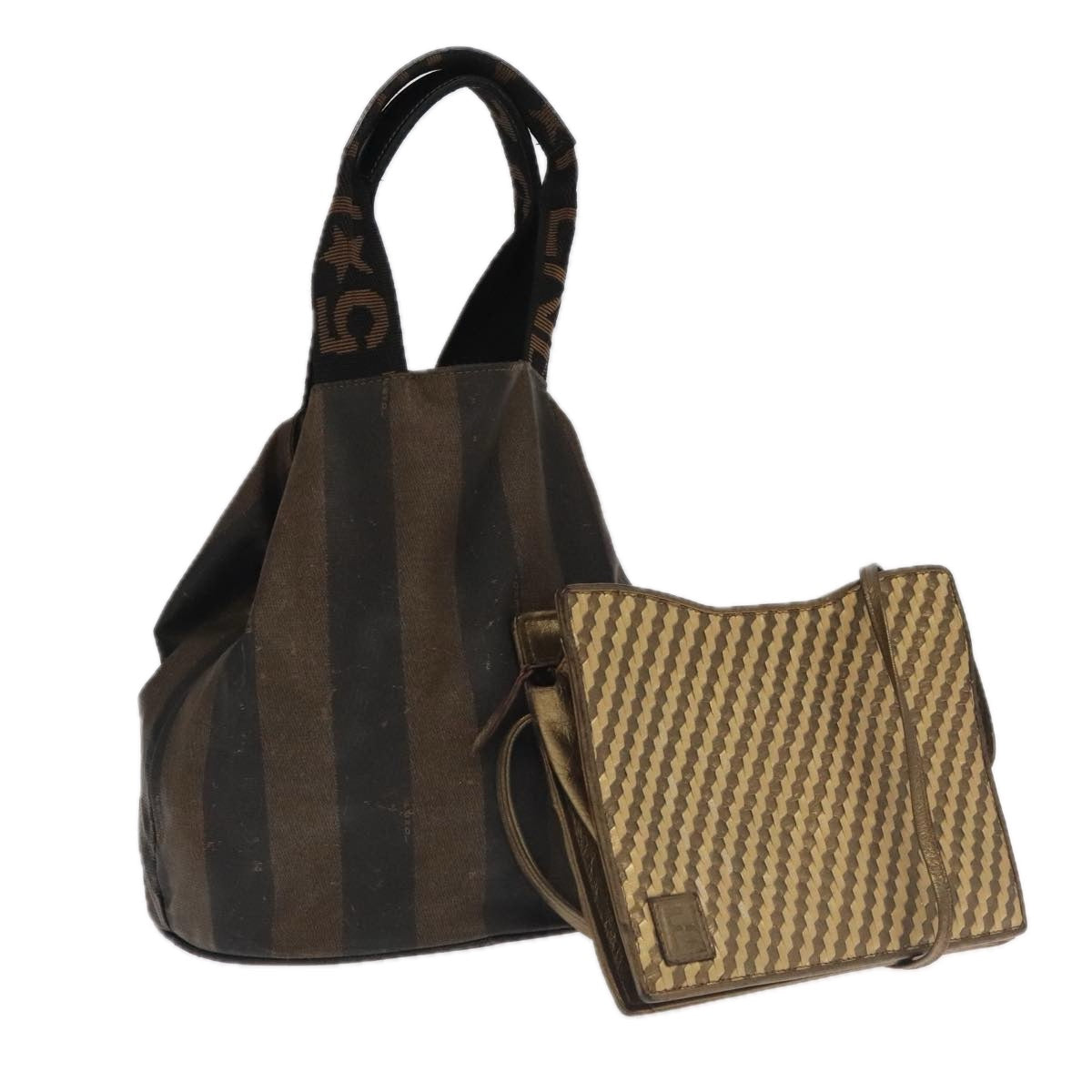 FENDI Pecan Canvas Hand Bag Leather 2Set Black Brown beige ti2521