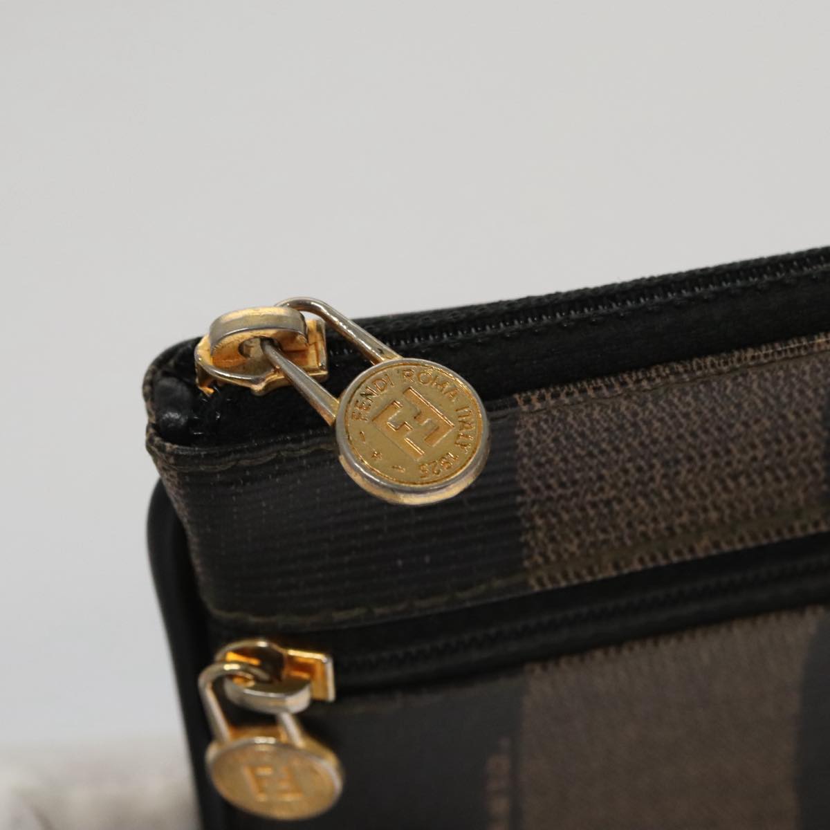 FENDI Pecan Canvas Pouch PVC Black Brown Gold ti2537