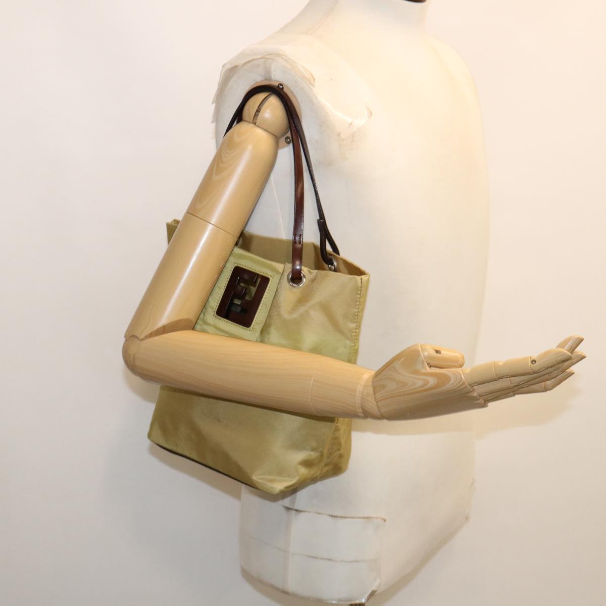 FENDI Tote Bag Nylon Leather Khaki ti665
