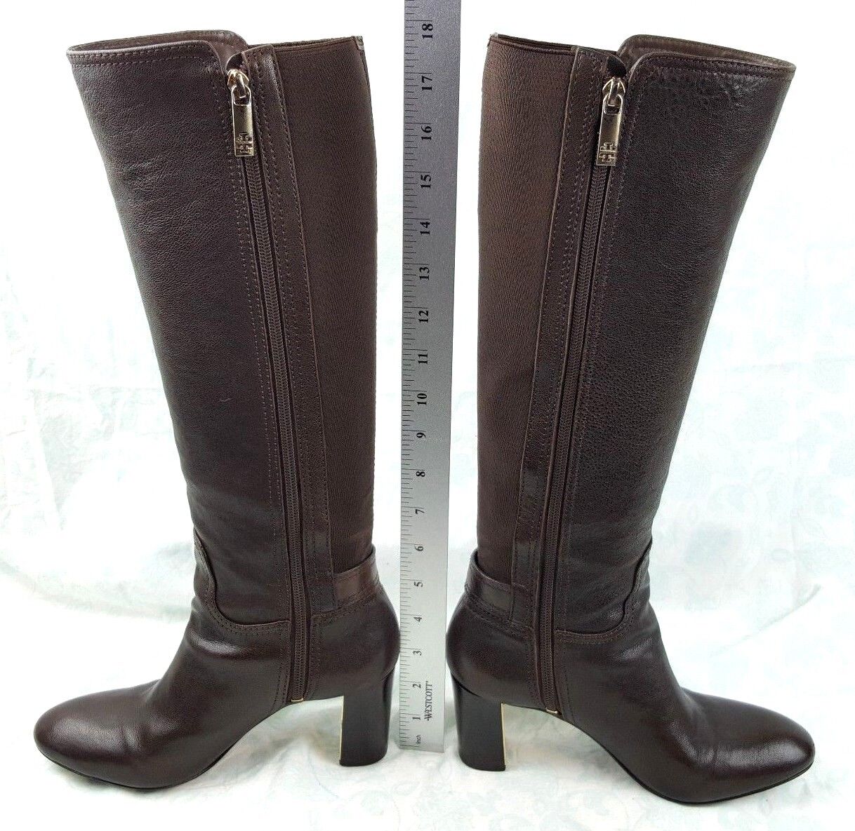 Tory Burch Brown Leather Gold Buckle High Heel Knee High Boots