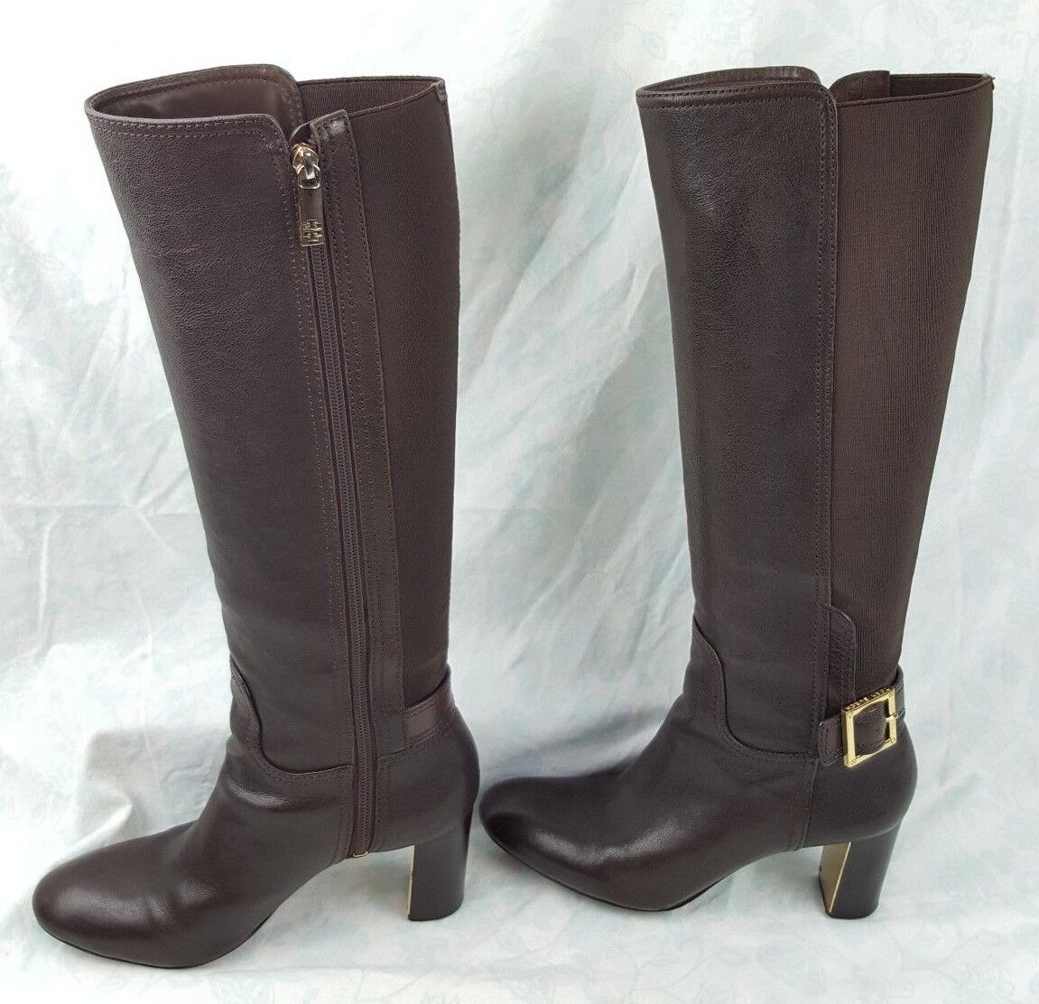 Tory Burch Brown Leather Gold Buckle High Heel Knee High Boots