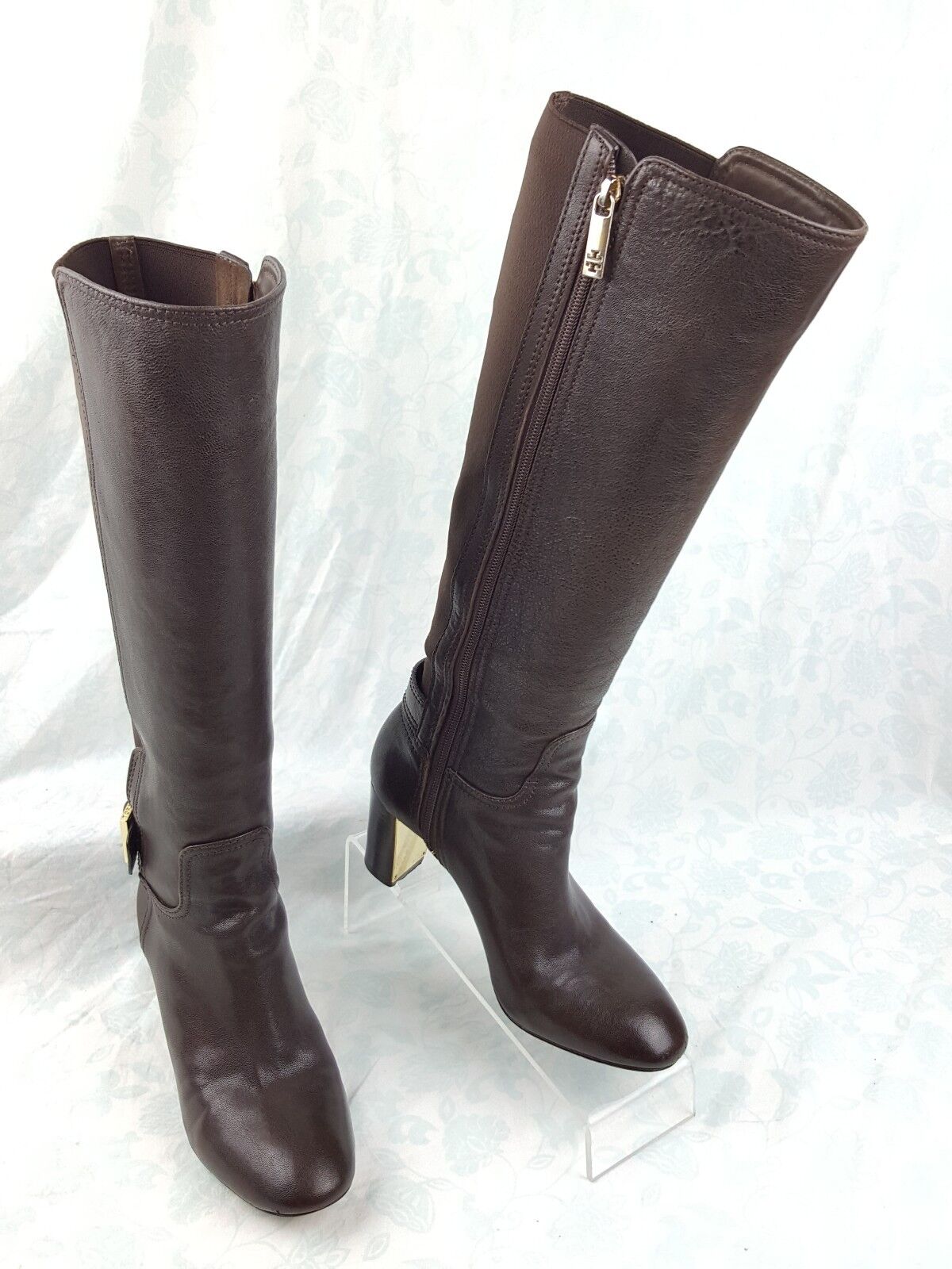 Tory Burch Brown Leather Gold Buckle High Heel Knee High Boots