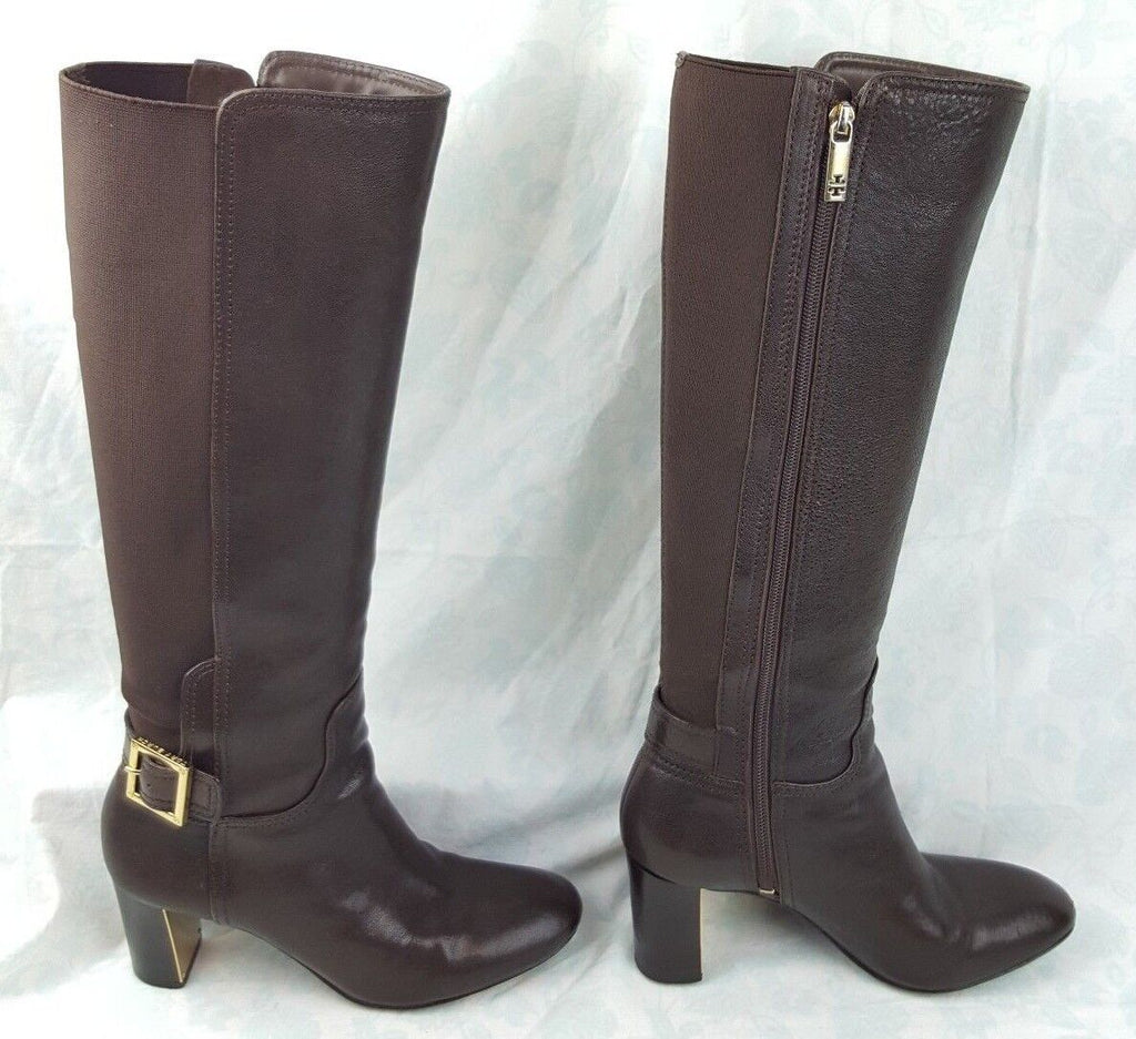 Tory Burch Brown Leather Gold Buckle High Heel Knee High Boots