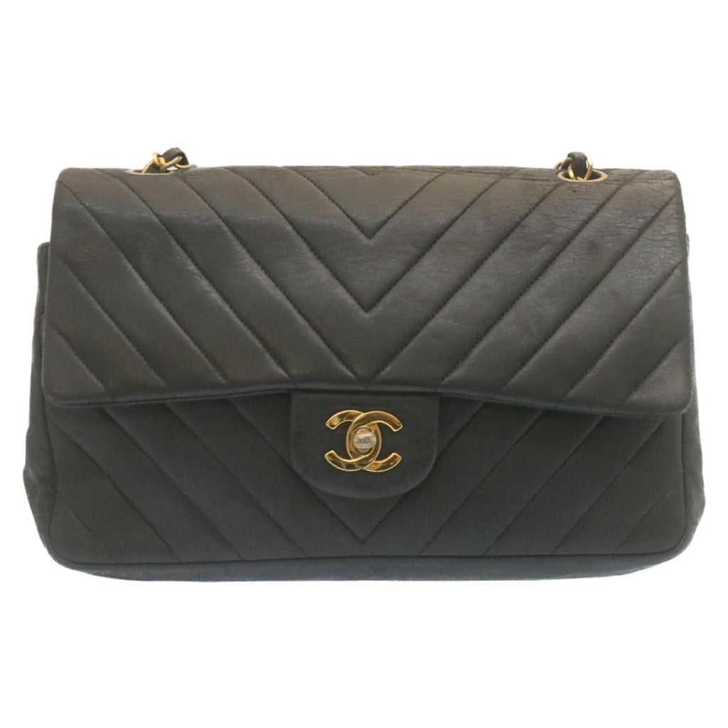 CHANEL Mademoiselle Turn Lock Flap Shoulder Bag Lamb Skin Black CC ai677A