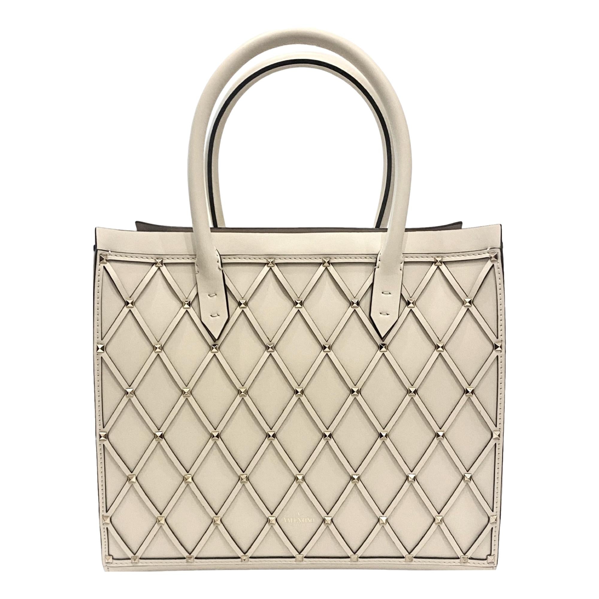 Valentino Garavani Beehive Lattice Ivory Studded Leather Crossbody Tote