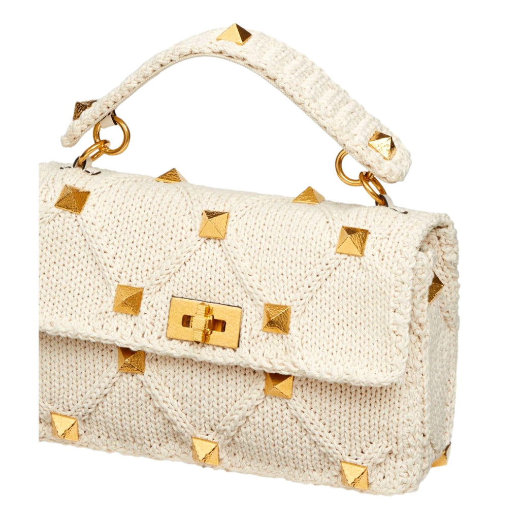 Valentino Garavani Roman Stud Large Shoulder Bag Ivory Knit Cashmere