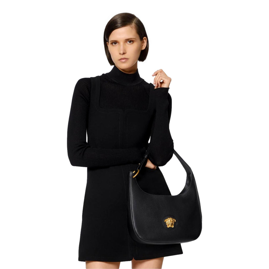 Versace La Medusa Convertible Black Leather Hobo Bag