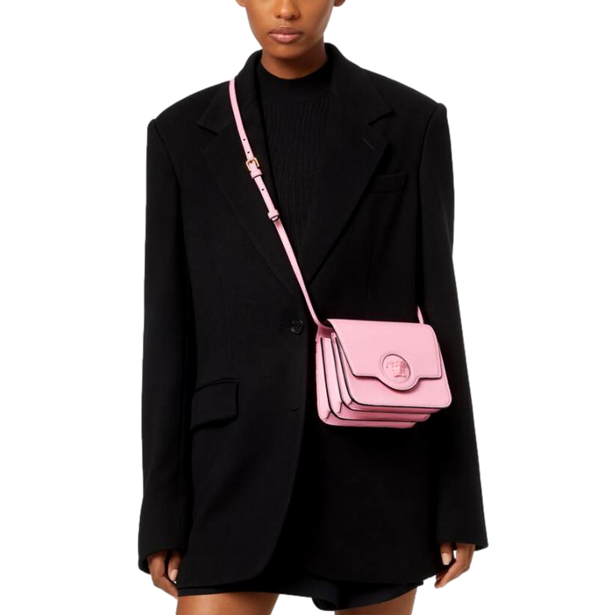 Versace La Medusa Logo Plaque Pink Pebbled Leather Crossbody Bag