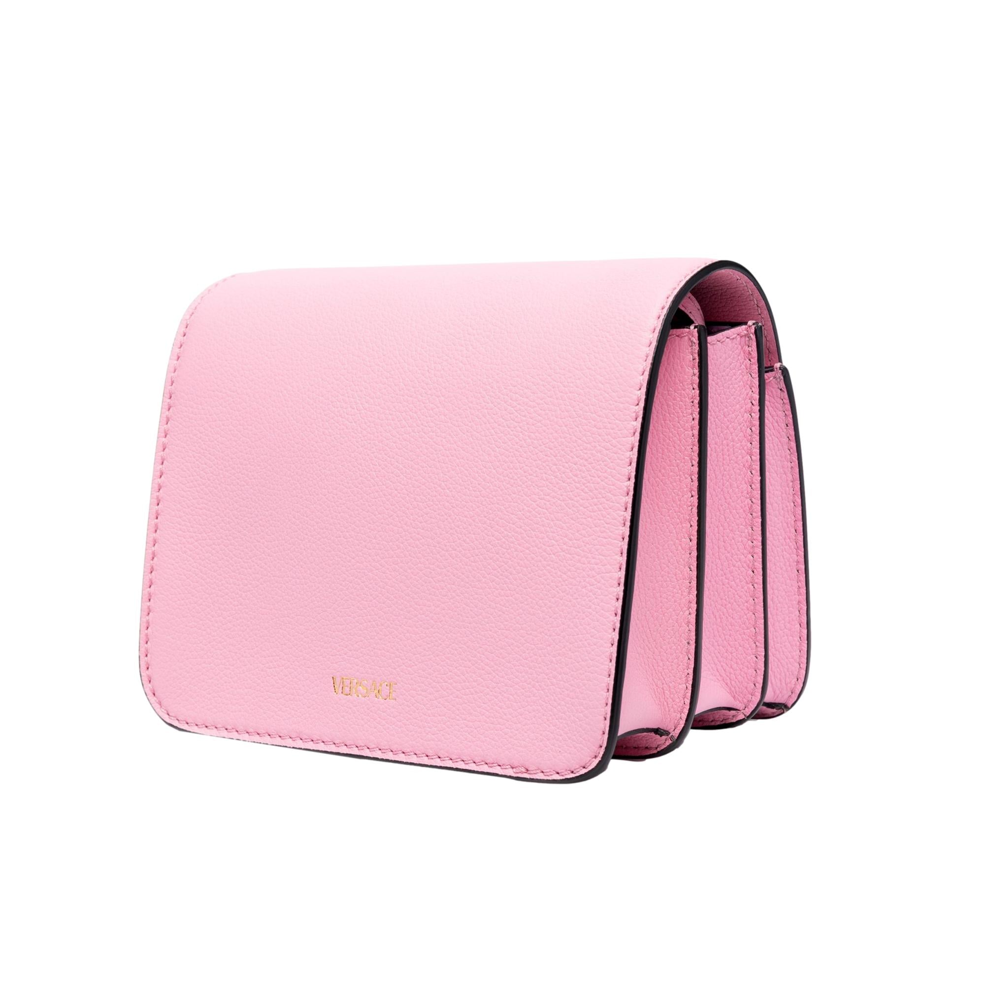 Versace La Medusa Logo Plaque Pink Pebbled Leather Crossbody Bag