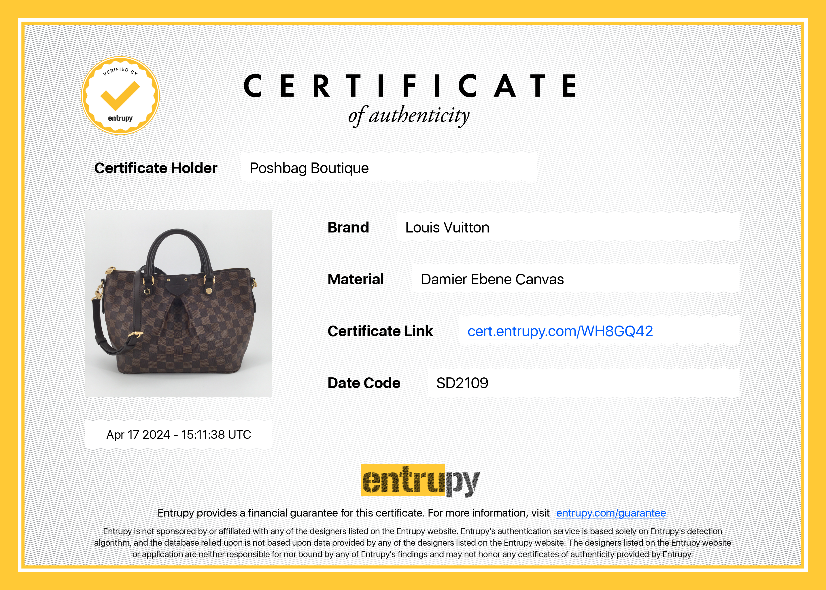 Louis Vuitto Siena PM Damier Ebene Canvas Handbag