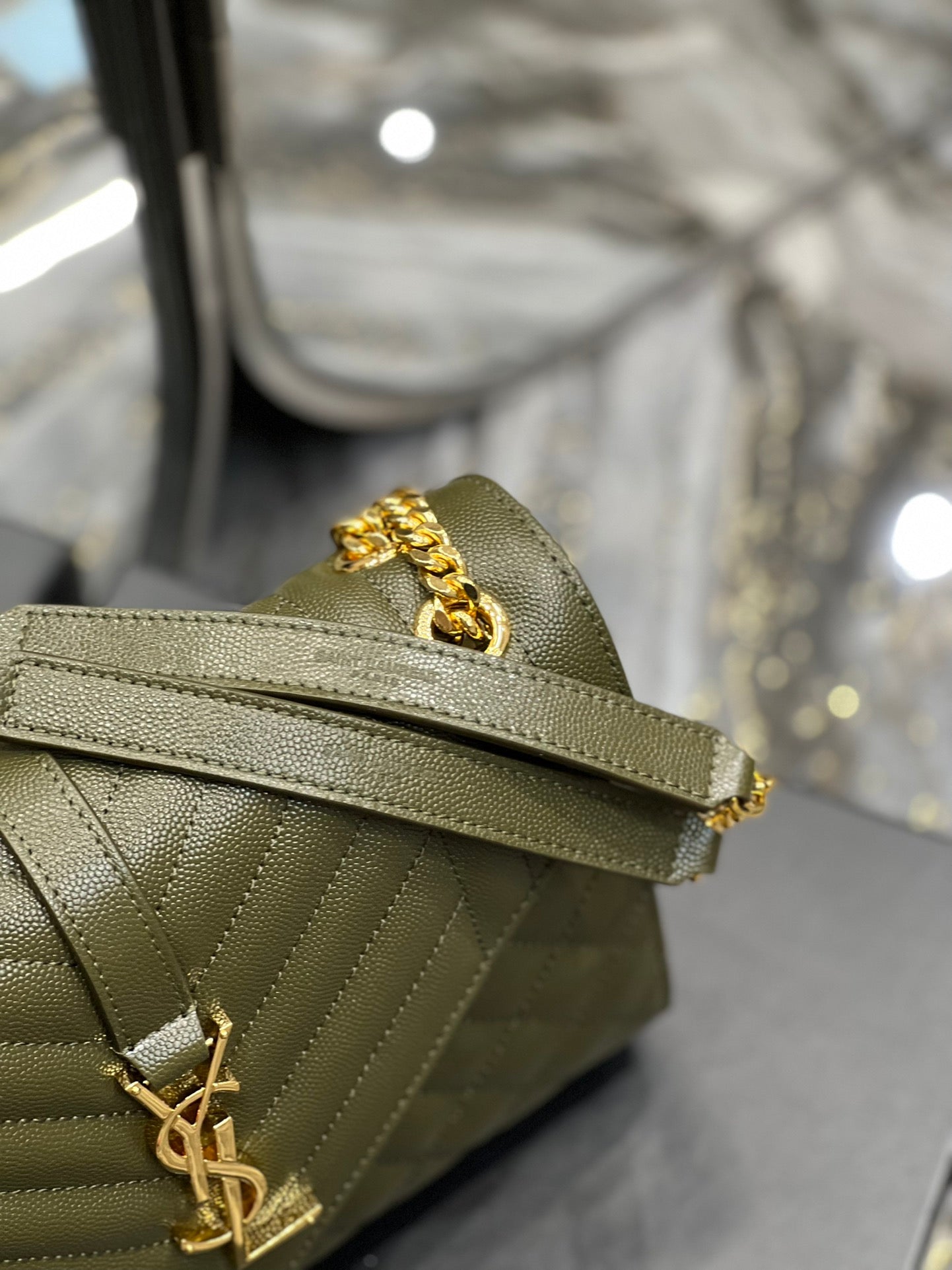 YSSL Envelope Medium Chain Bag Dark Green For Women, Women’s Bags 9.4in/24cm YSL