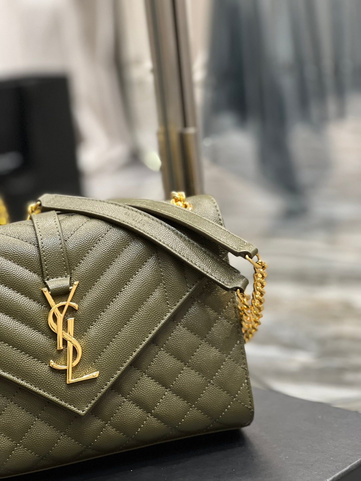 YSSL Envelope Medium Chain Bag Dark Green For Women, Women’s Bags 9.4in/24cm YSL