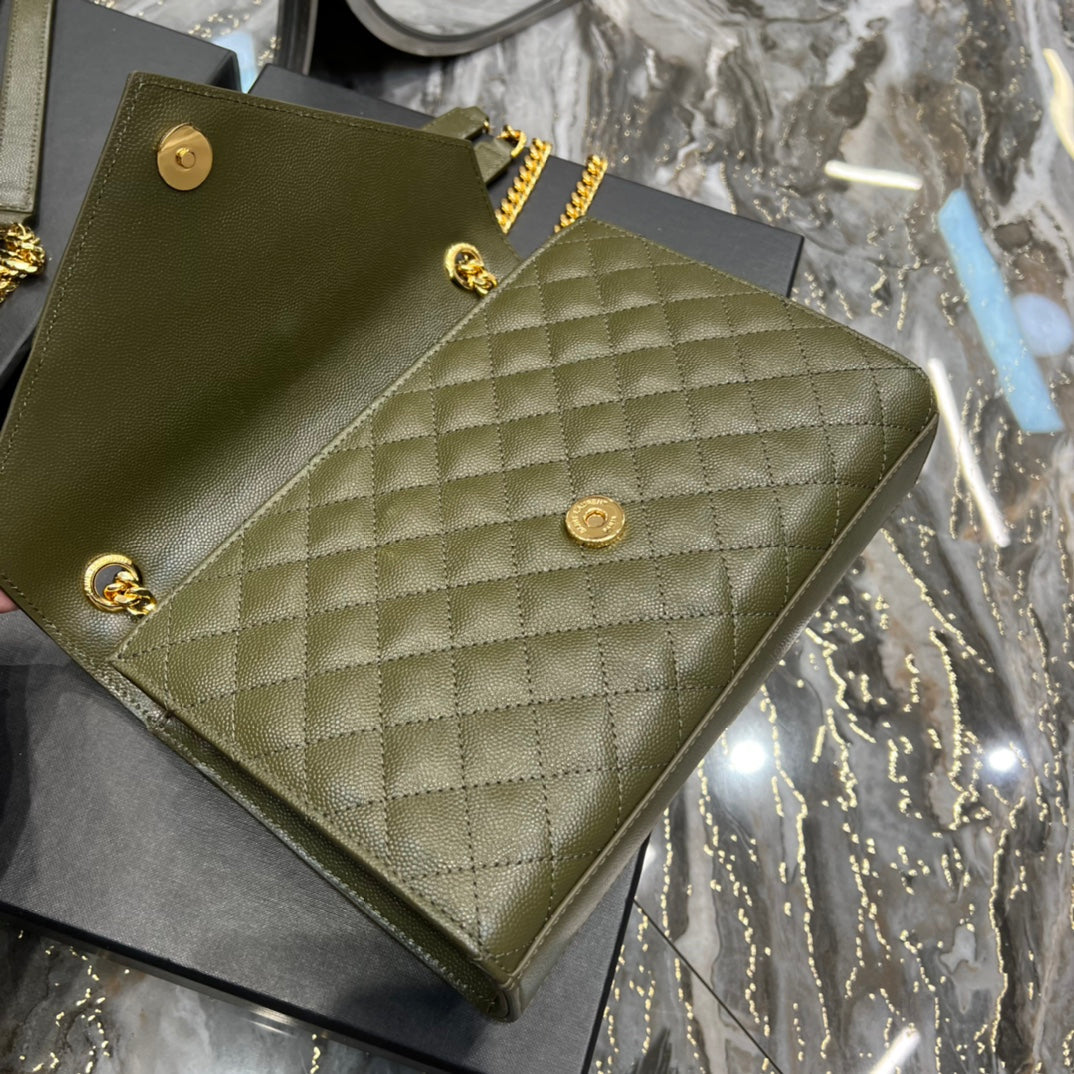 YSSL Envelope Medium Chain Bag Dark Green For Women, Women’s Bags 9.4in/24cm YSL