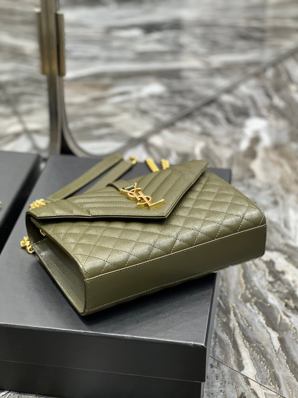 YSSL Envelope Medium Chain Bag Dark Green For Women, Women’s Bags 9.4in/24cm YSL