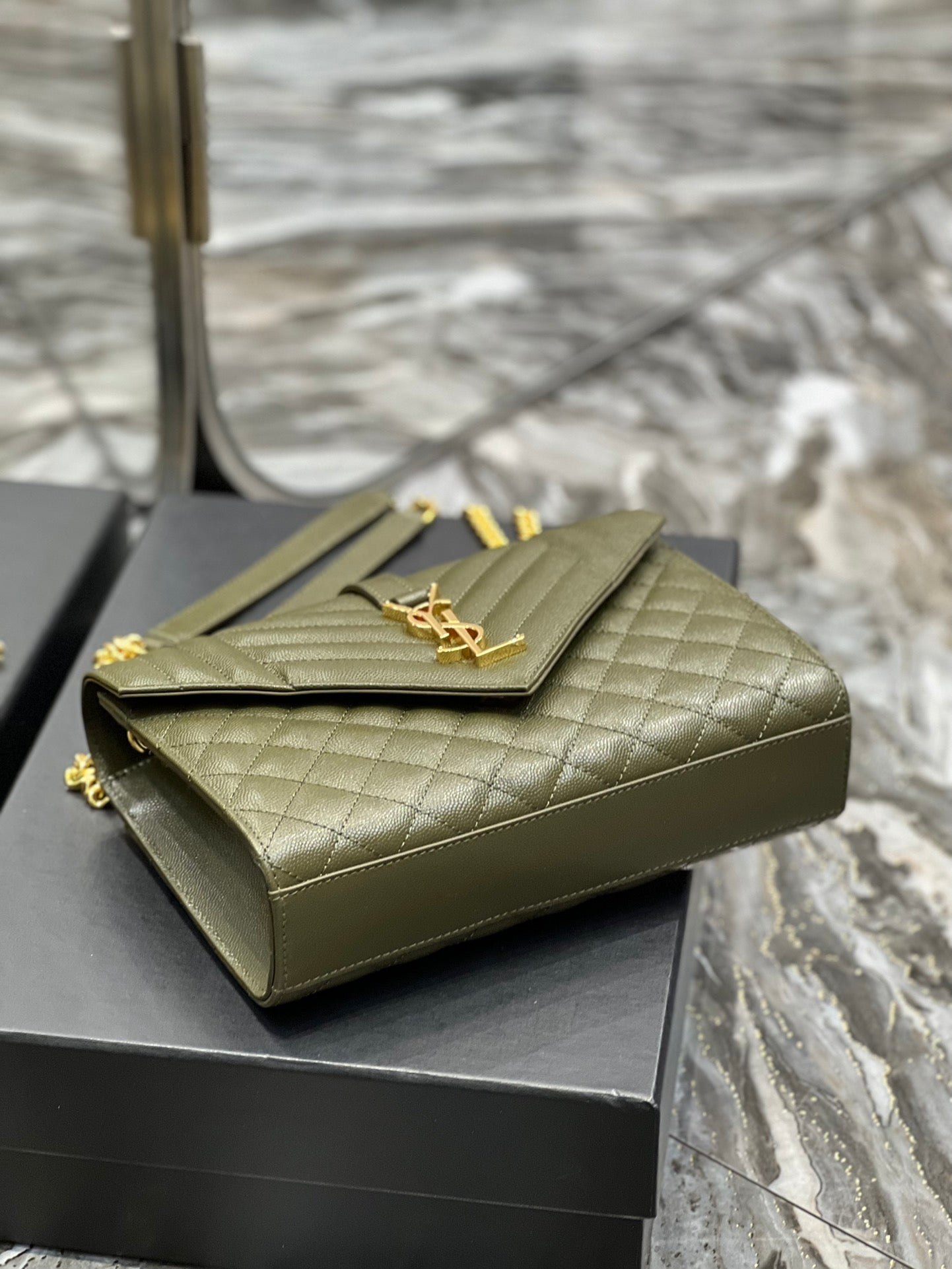 YSSL Envelope Medium Chain Bag Dark Green For Women, Women’s Bags 9.4in/24cm YSL