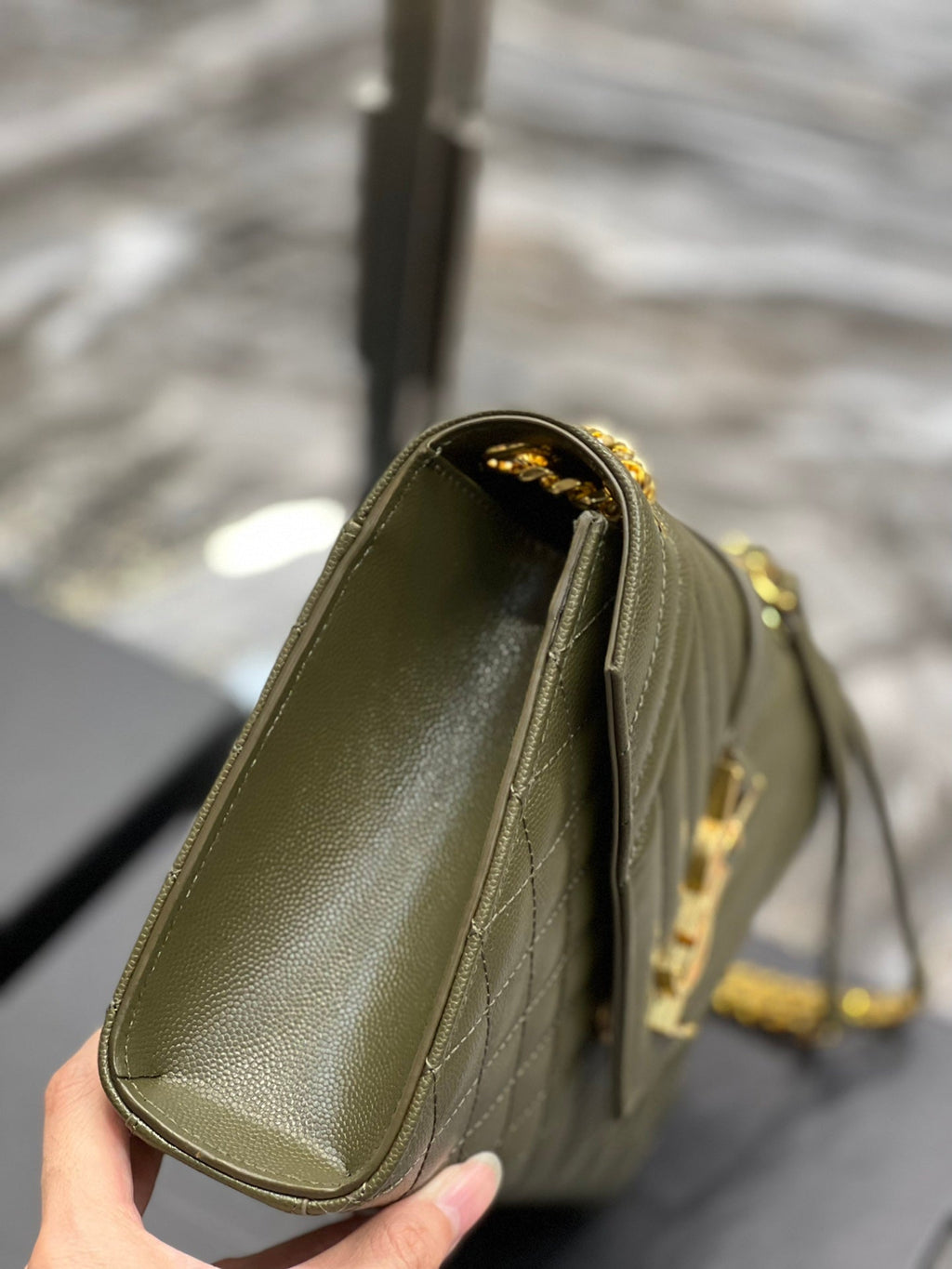 YSSL Envelope Medium Chain Bag Dark Green For Women, Women’s Bags 9.4in/24cm YSL