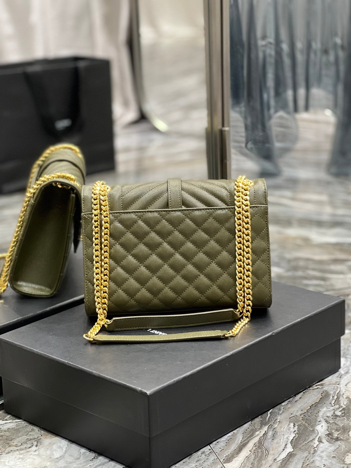 YSSL Envelope Medium Chain Bag Dark Green For Women, Women’s Bags 9.4in/24cm YSL