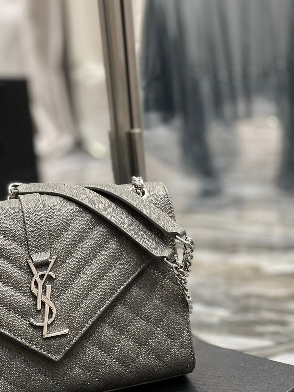 YSSL Envelope Medium Chain Bag Dark Grey For Women, Women’s Bags 9.4in/24cm YSL