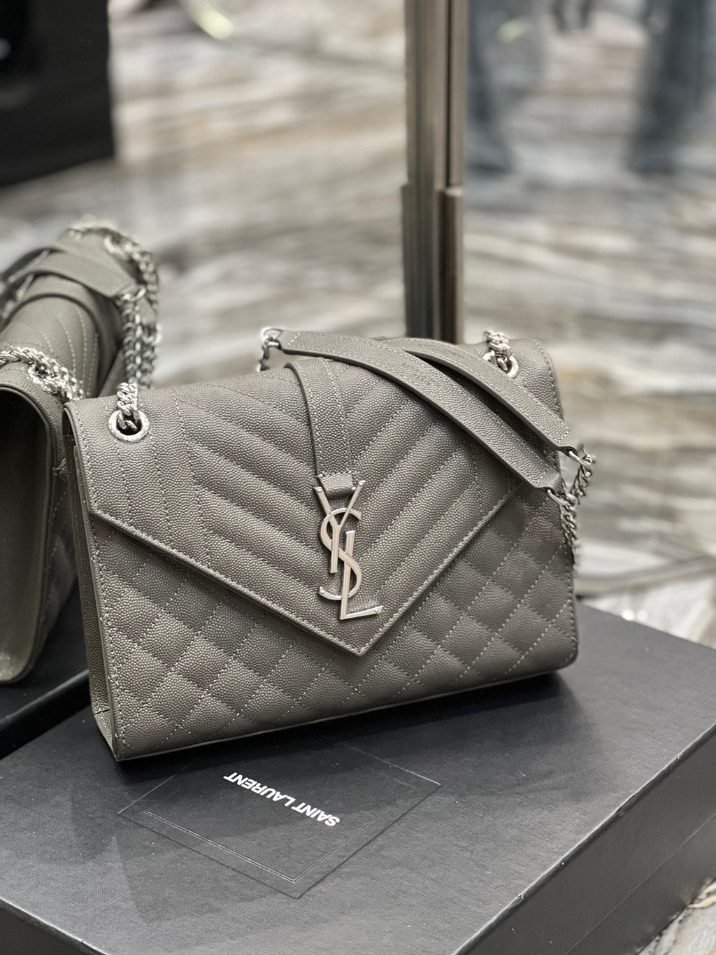 YSSL Envelope Medium Chain Bag Dark Grey For Women, Women’s Bags 9.4in/24cm YSL