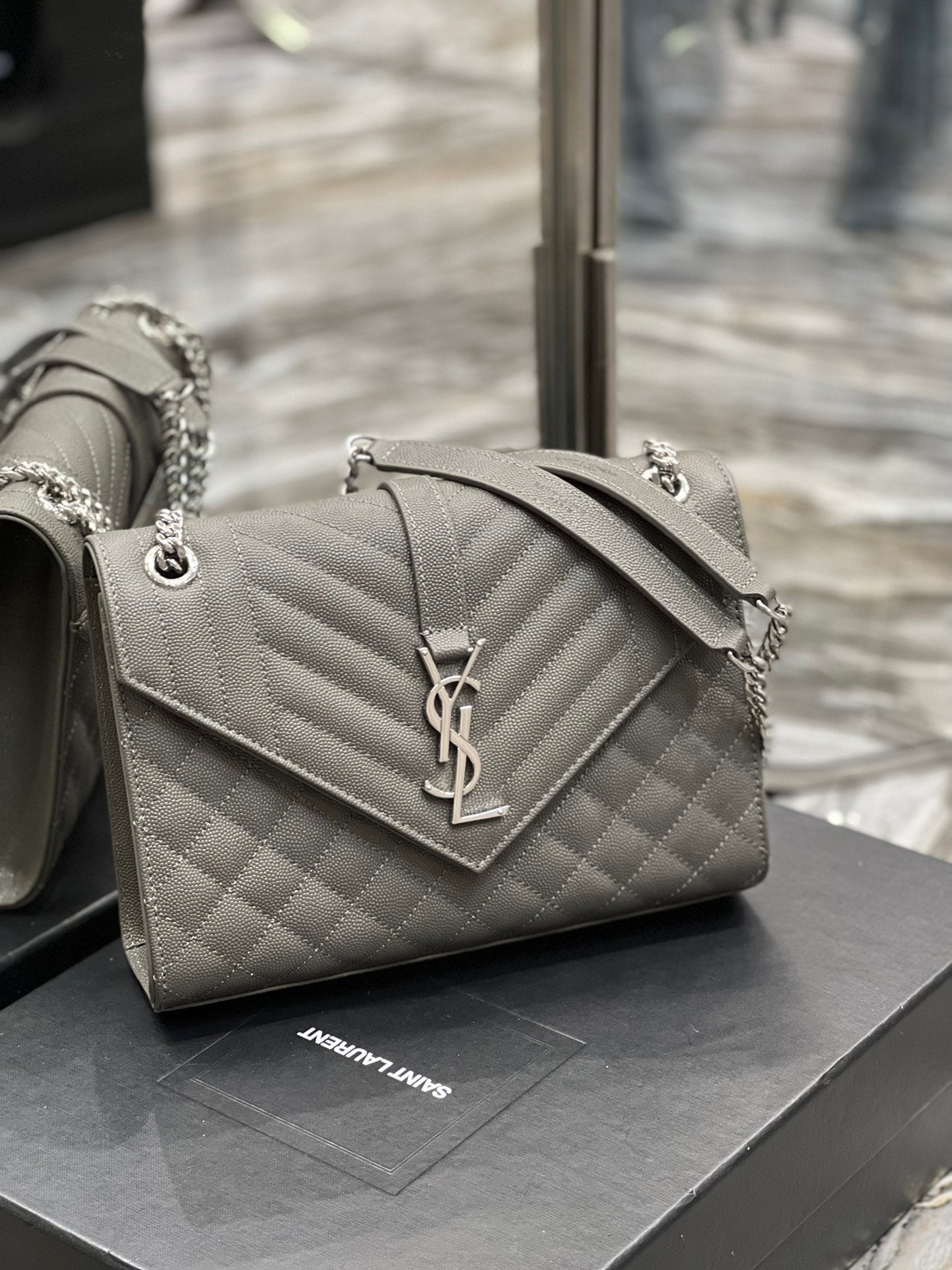 YSSL Envelope Medium Chain Bag Dark Grey For Women, Women’s Bags 9.4in/24cm YSL