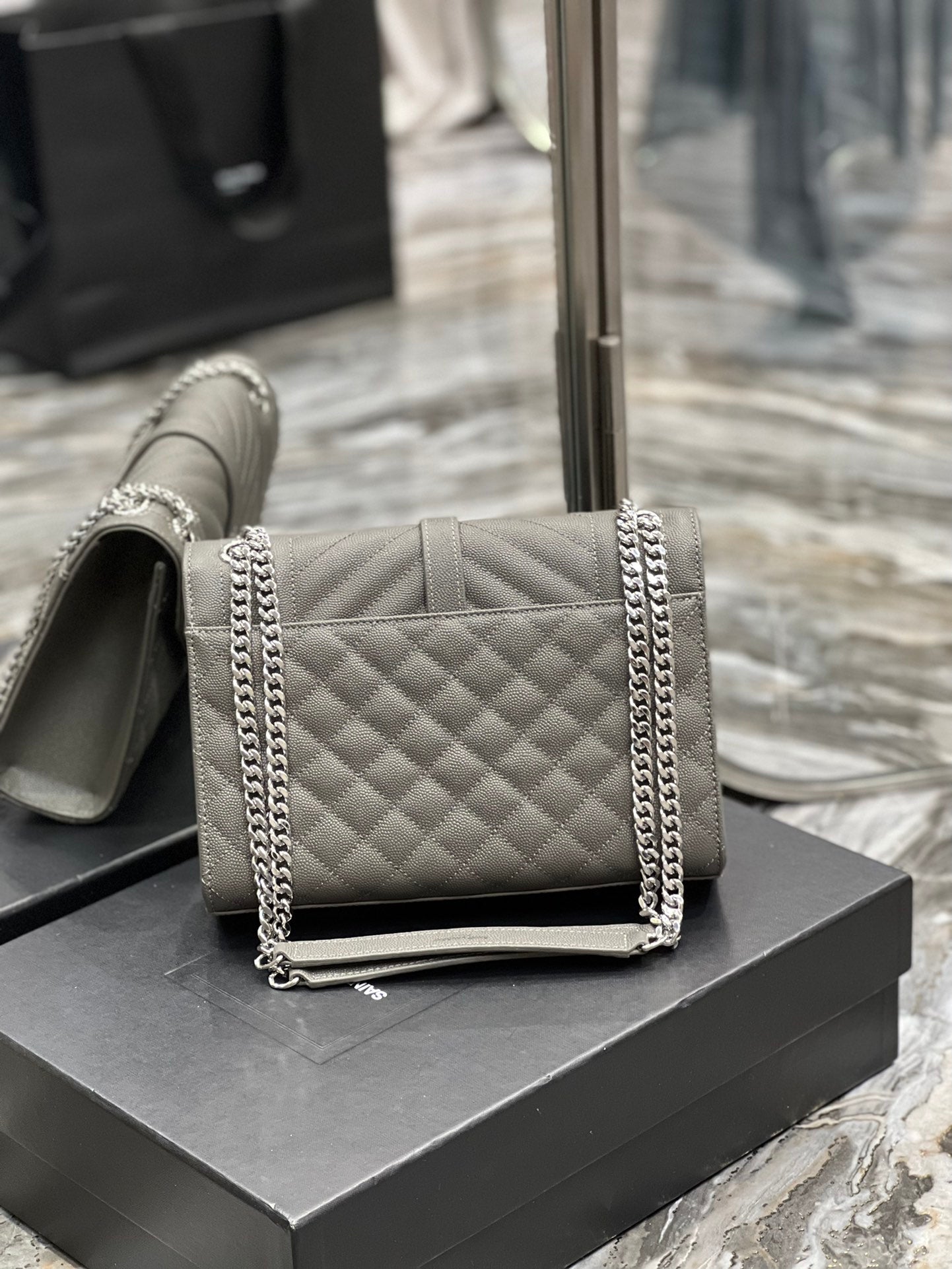 YSSL Envelope Medium Chain Bag Dark Grey For Women, Women’s Bags 9.4in/24cm YSL