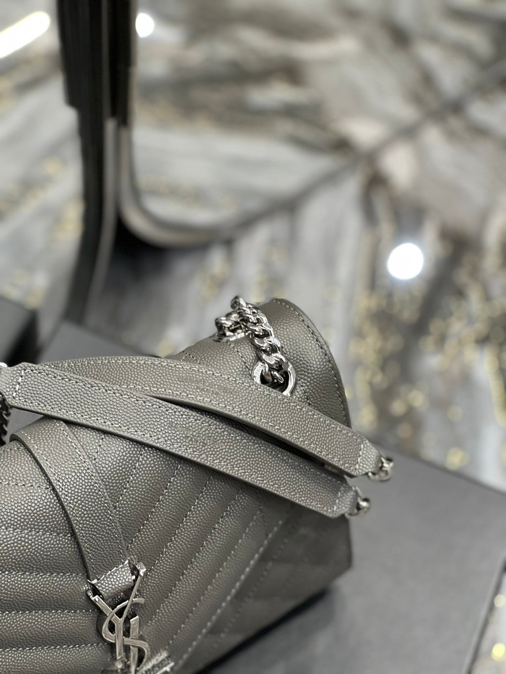 YSSL Envelope Medium Chain Bag Dark Grey For Women, Women’s Bags 9.4in/24cm YSL