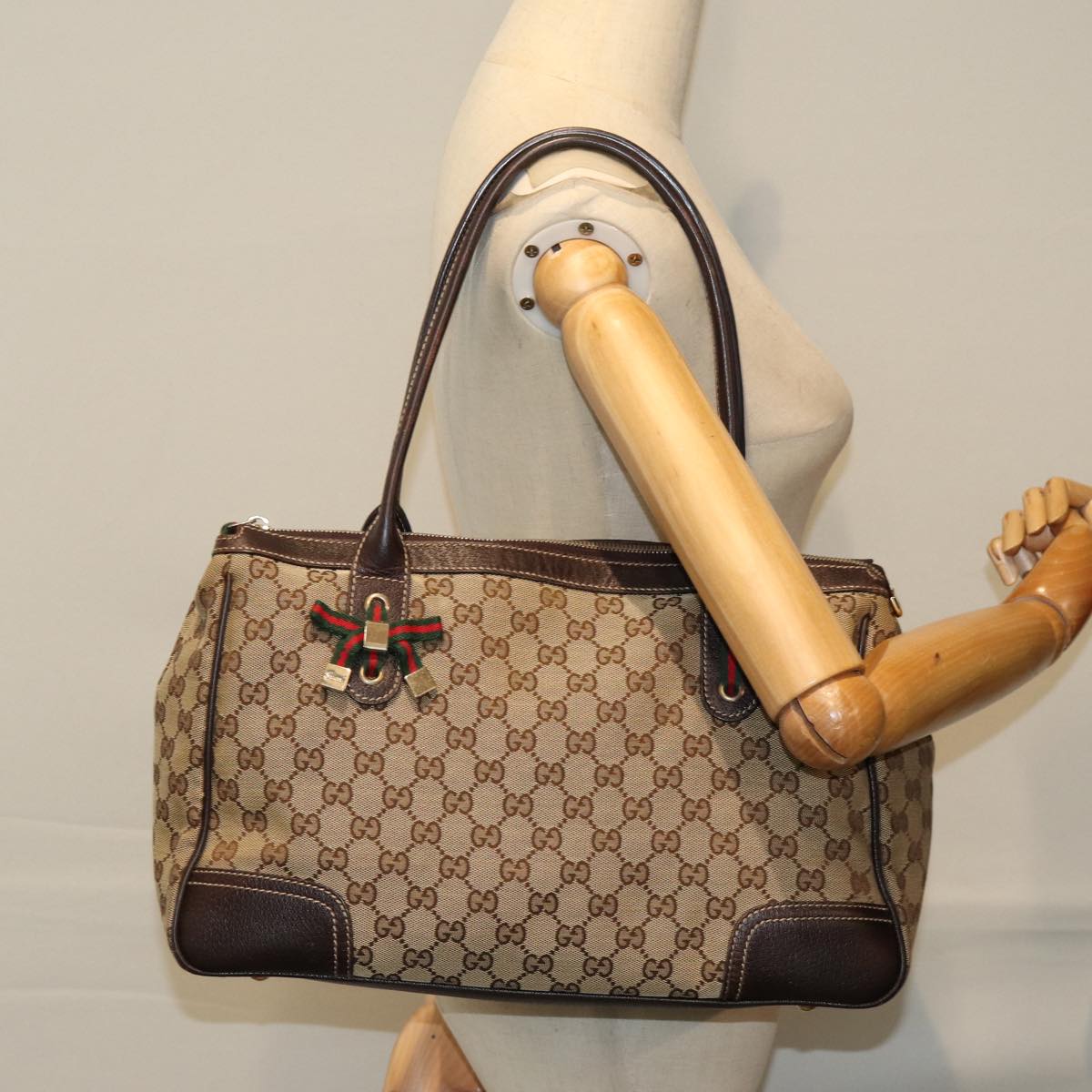 GUCCI GG Canvas Princess Web Sherry Line Tote Bag Beige Red 177052 yb572