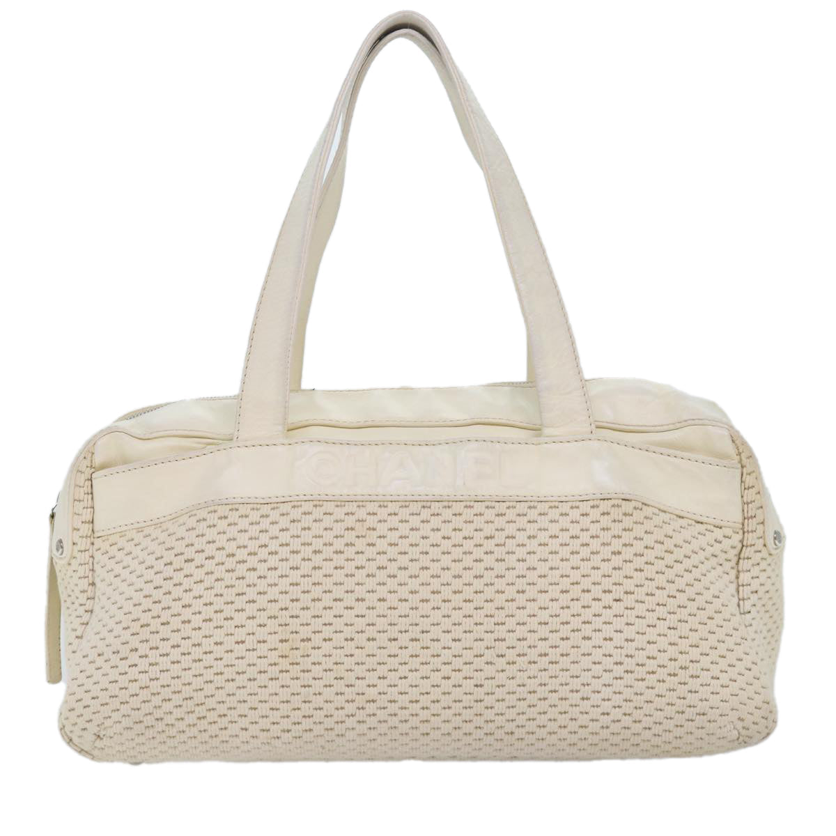 CHANEL Hand Bag Canvas Leather Beige CC yb619