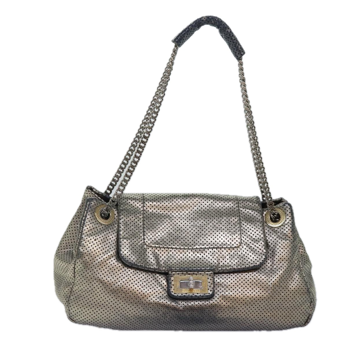 CHANEL Punching Turn Lock Chain Shoulder Bag Leather Silver Gold CC yb673