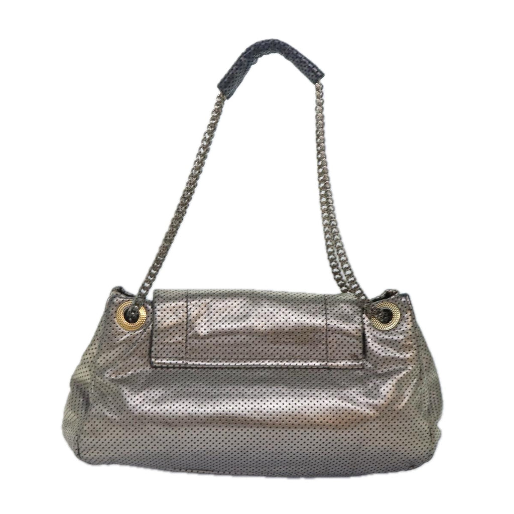 CHANEL Punching Turn Lock Chain Shoulder Bag Leather Silver Gold CC yb673