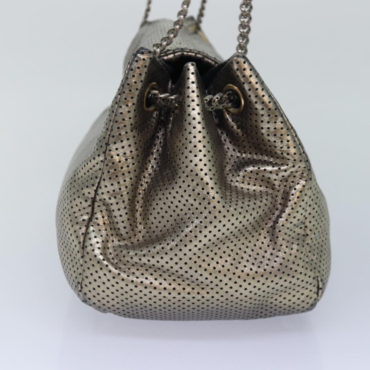 CHANEL Punching Turn Lock Chain Shoulder Bag Leather Silver Gold CC yb673