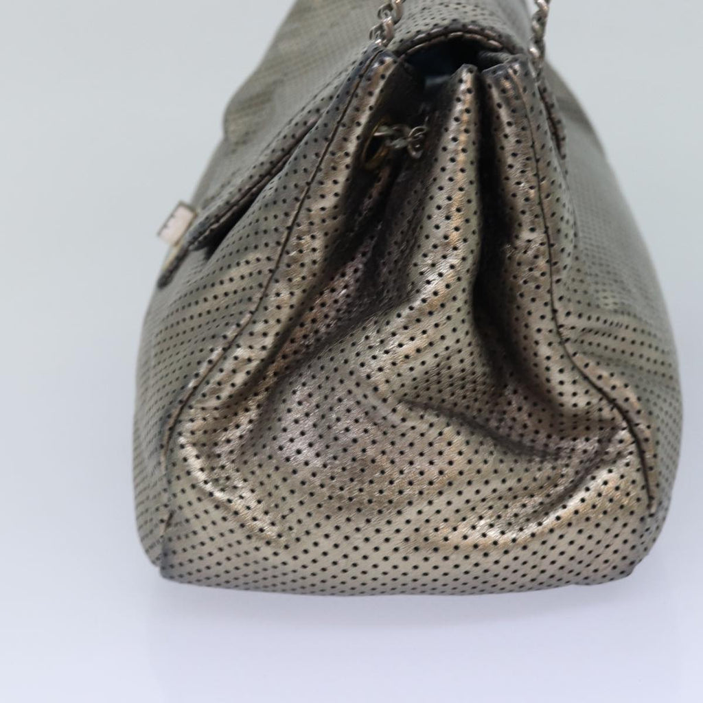 CHANEL Punching Turn Lock Chain Shoulder Bag Leather Silver Gold CC yb673