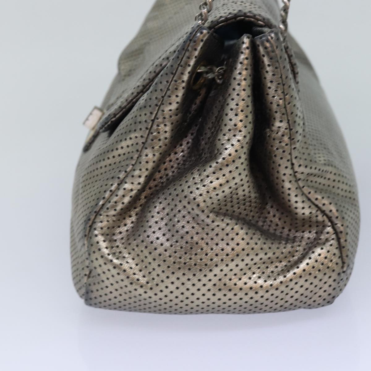 CHANEL Punching Turn Lock Chain Shoulder Bag Leather Silver Gold CC yb673
