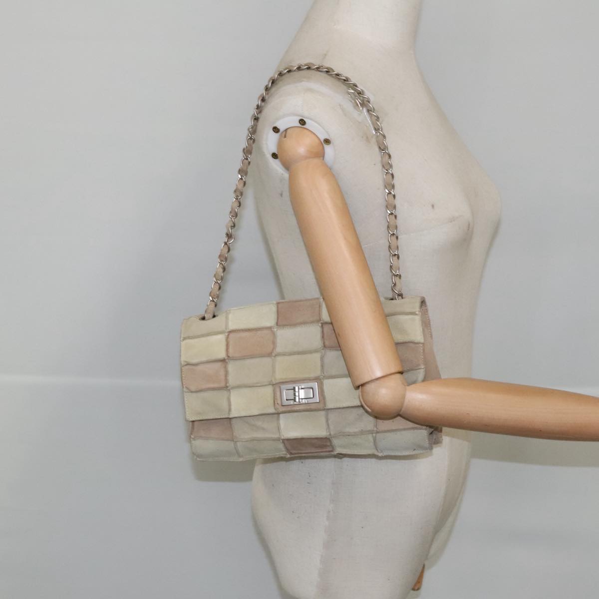 CHANEL Choco Bar Chain Shoulder Bag Suede Beige CC yb716