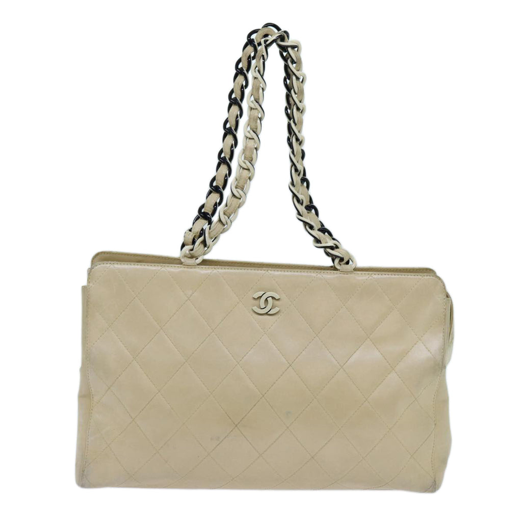 CHANEL Matelasse Chain Tote Bag Leather Beige CC yk11588