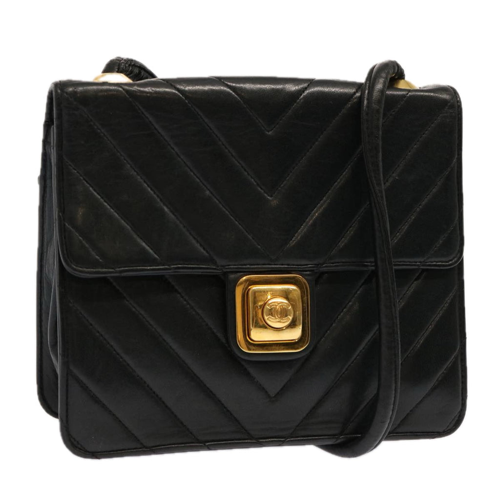 CHANEL V Stitch Shoulder Bag Lamb Skin Black CC yk11681