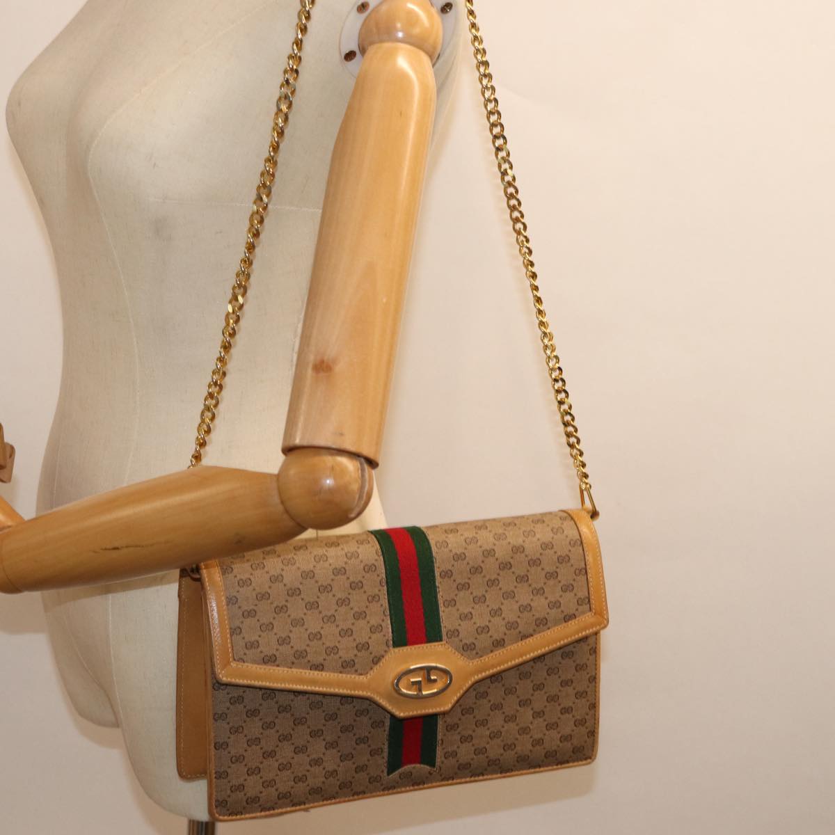 GUCCI Micro GG Supreme Chain Web Sherry Line Shoulder Bag PVC Beige yk12014
