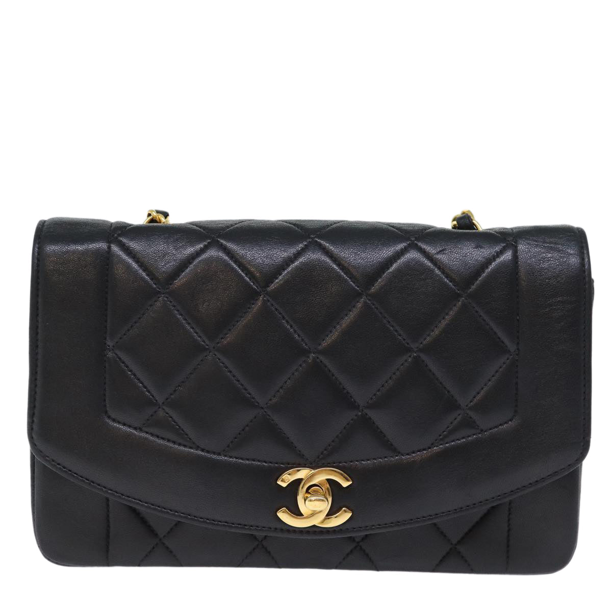 CHANEL Diana Matelasse Chain Shoulder Bag Lamb Skin Black CC yk12192A