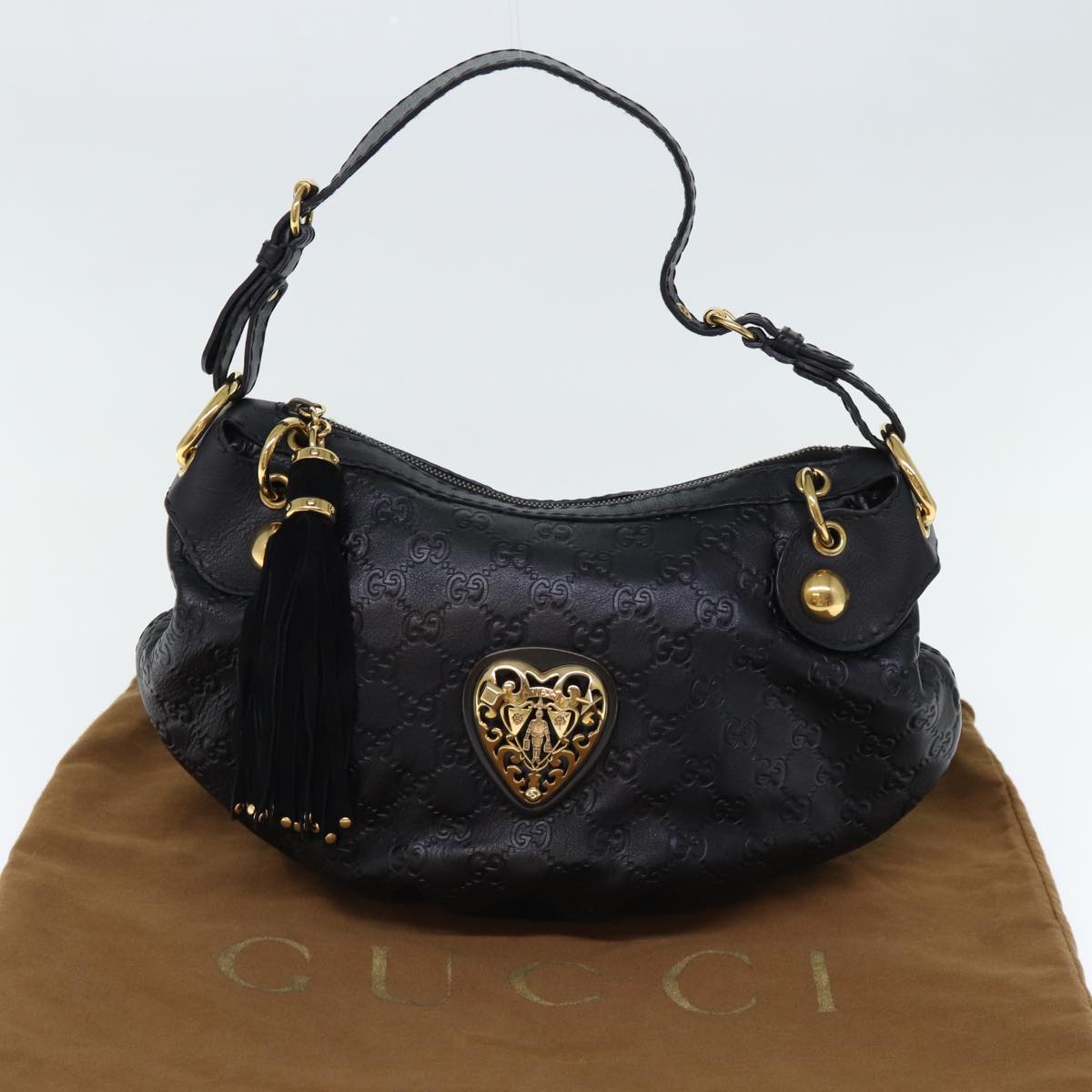 GUCCI GG Canvas Fringe Guccissima Shoulder Bag Black 211963 yk12201A