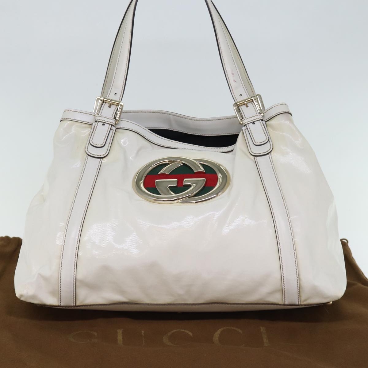 GUCCI Web Sherry Line Interlocking Bag Coated Canvas White 162094 yk12394
