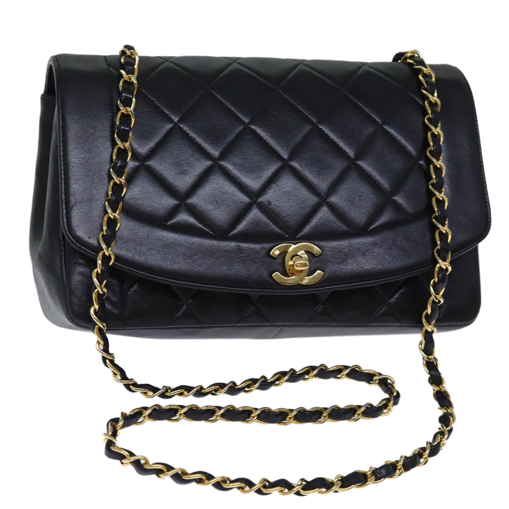 CHANEL Diana Matelasse Chain Shoulder Bag Lamb Skin Black CC yk12418A