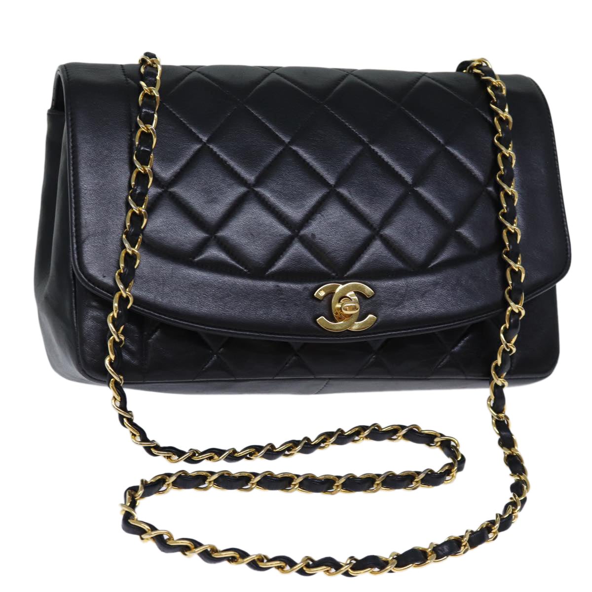 CHANEL Diana Matelasse Chain Shoulder Bag Lamb Skin Black CC yk12418A