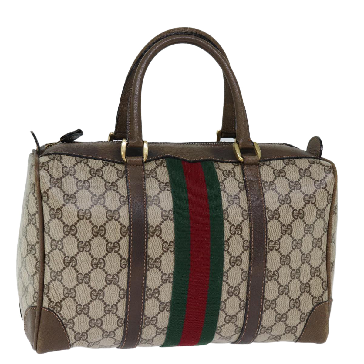 GUCCI GG Supreme Web Sherry Line Boston Bag PVC Vintage Beige Red yk12465
