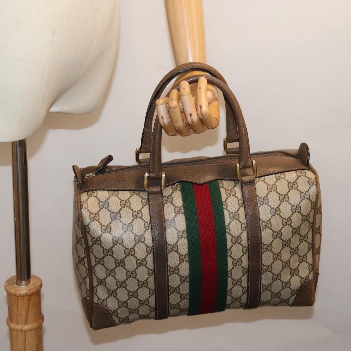 GUCCI GG Supreme Web Sherry Line Boston Bag PVC Vintage Beige Red yk12465