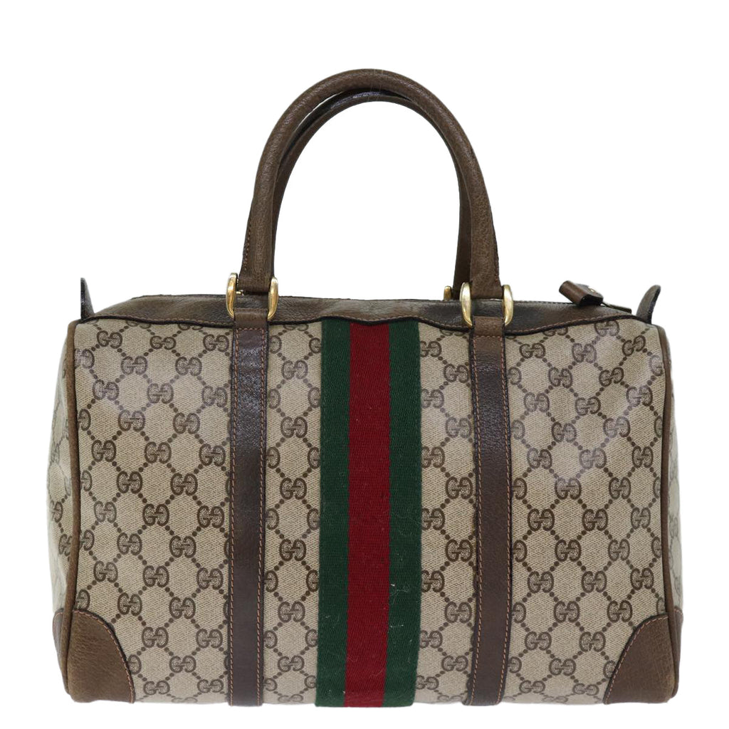 GUCCI GG Supreme Web Sherry Line Boston Bag PVC Vintage Beige Red yk12465